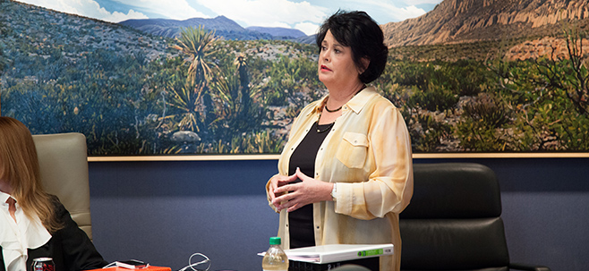 Linda Reinstein addresses a group at Baron & Budd.